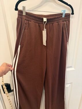 Brown Track Pants with White Side Stripes